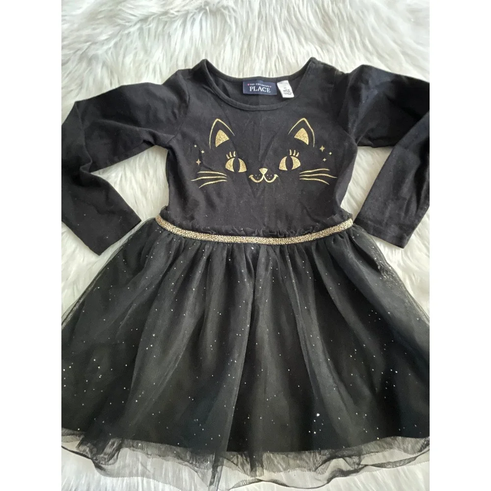 The Children's Place Long Sleeve Toddler Girls Glitter Cat Tutu Dress Black 3T